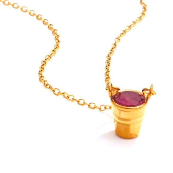 New Free People Gold Ss Necklace with bucket Pemdant With Pink Stone - Picture 1 of 9